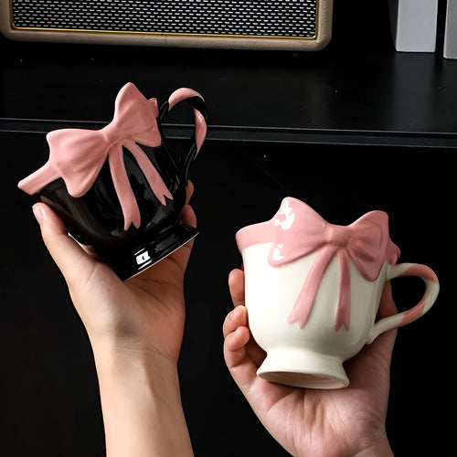 Ceramic mug with girl heart bow design in white powder or black pink colour, 301-400ml capacity