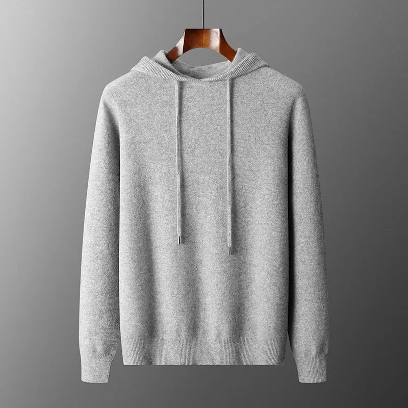 Men's light grey cashmere hooded sweatshirt and matching long pants set laid flat.