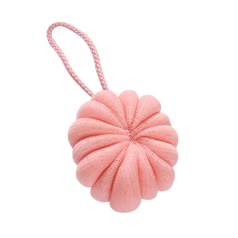 Japanese style 50g bath flower ball in beige with fine mesh and flexible foam, 10cm pumpkin shape
