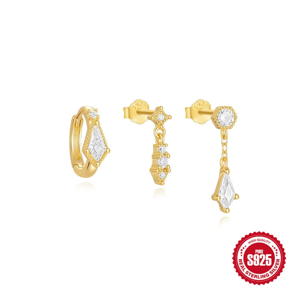 S925 sterling silver geometric zircon tassel earring set with three pairs showing different gold-plated colour variants