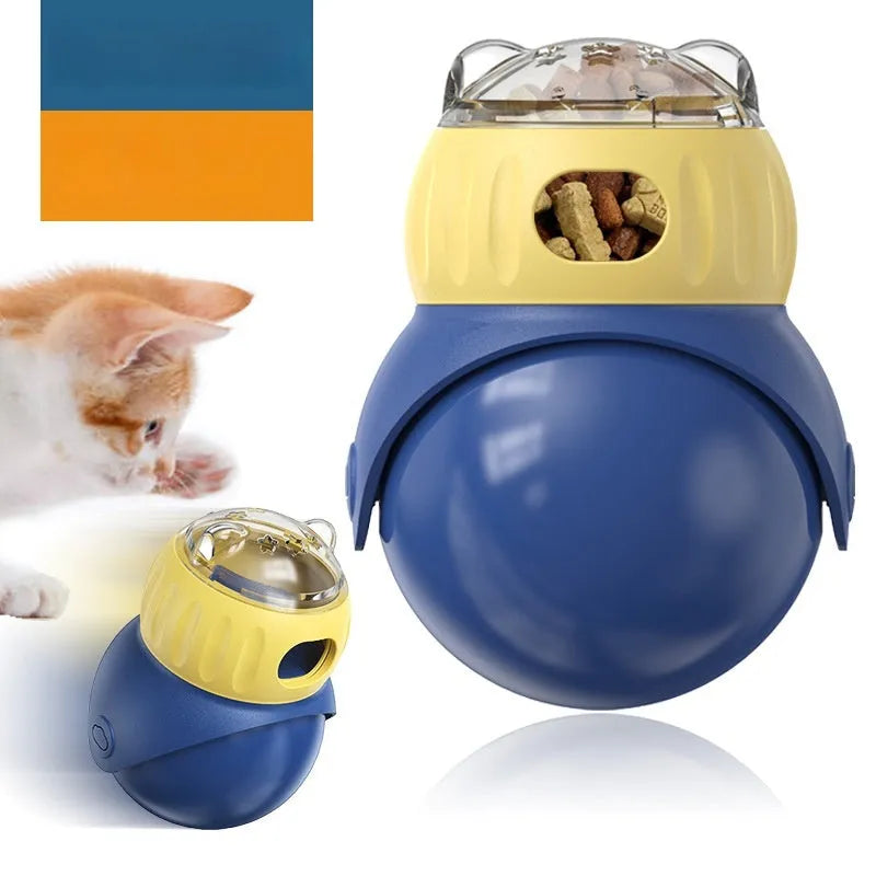 Owl-shaped plastic tumbler feeder cat toy in Morandi yellow and blue colours