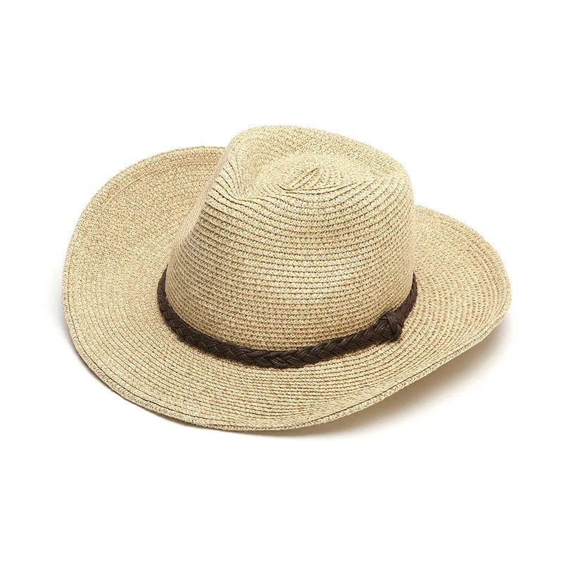 Men's foldable straw sun hat with wide brim in beige colour shown in medium size