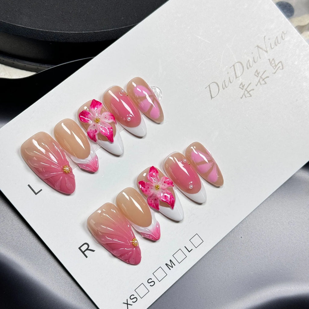 French style three-dimensional lily fluid ice flower nail art stickers in almond shaped plastic armour