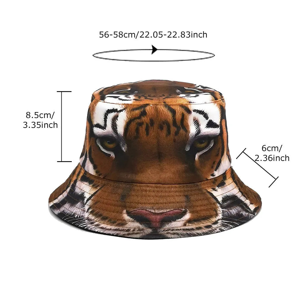 Khaki tiger pattern bucket hat with dome crown on a neutral background