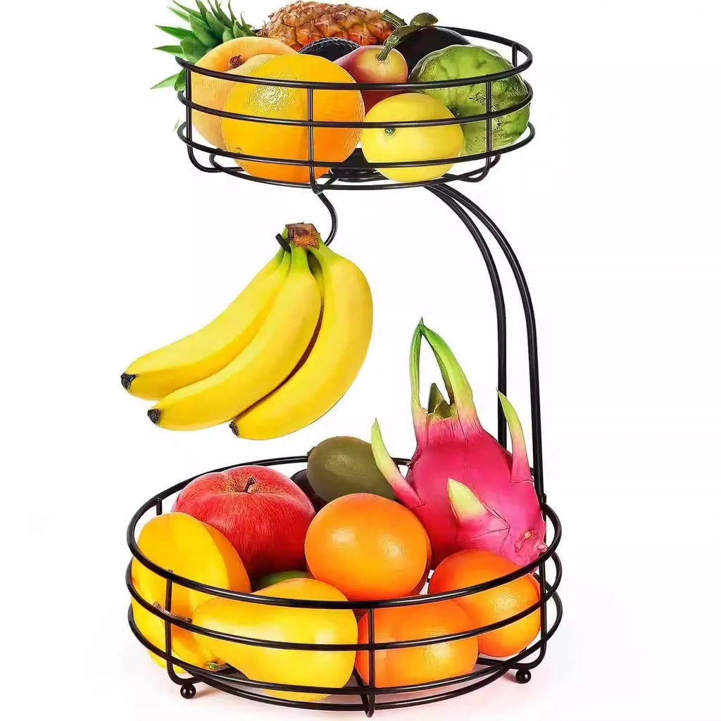 Black wrought iron double-layer fruit basket with open-weave sides for produce storage