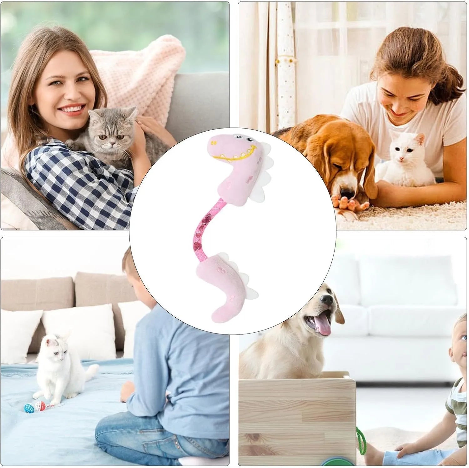 Bundle of four cat toys including rope toys, springs, kicker toys, and plush chew toys in pink, purple, or yellow colours