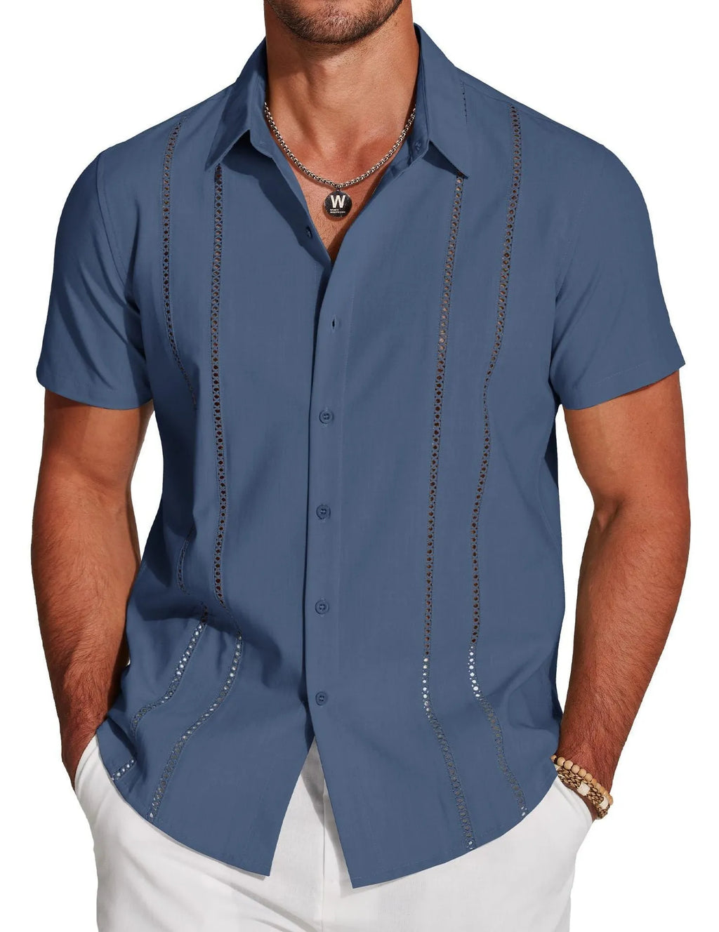 Men's slim fit Hawaiian shirt with colourful digital print pattern on polyester fabric.