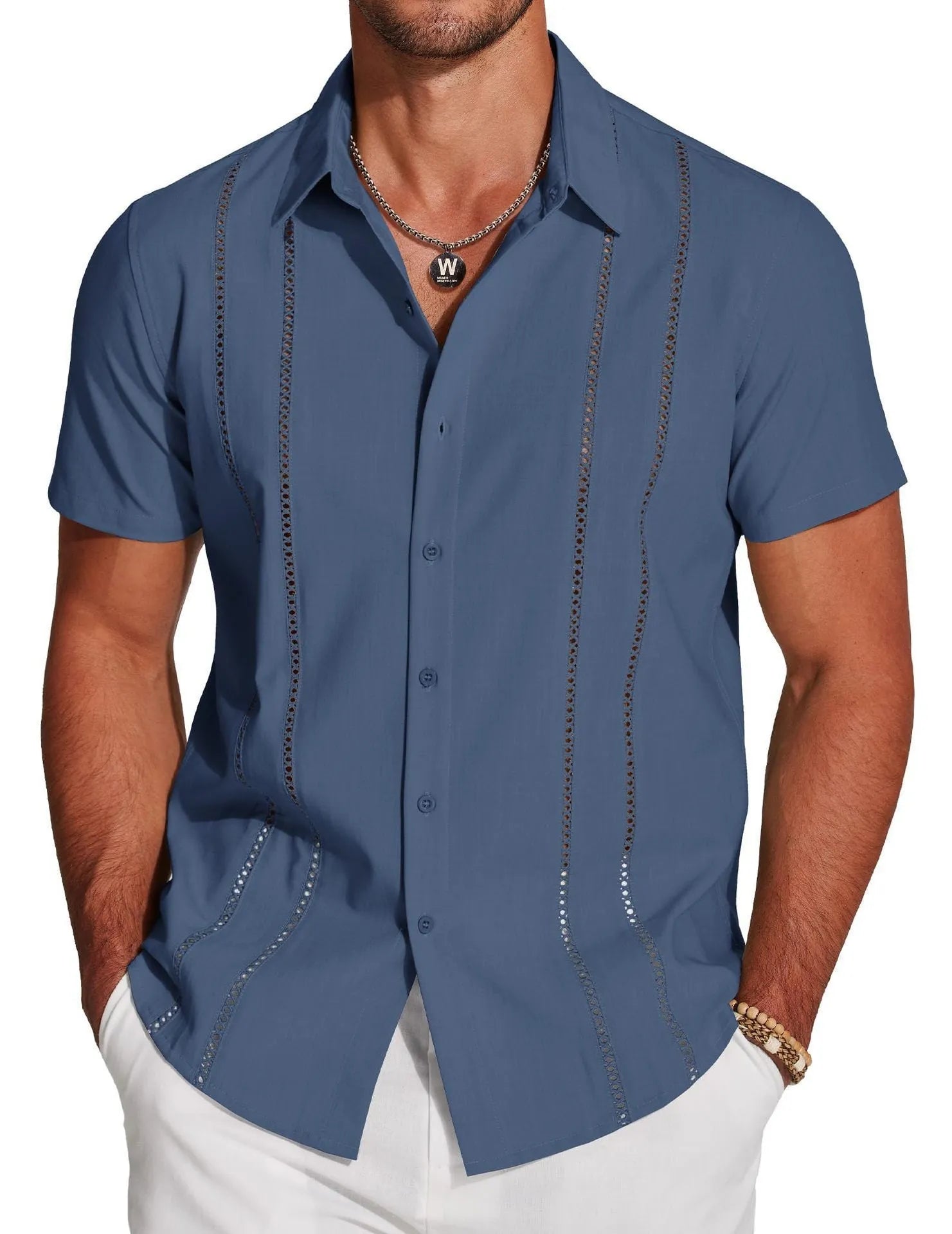 Men's slim fit Hawaiian shirt with colourful digital print pattern on polyester fabric.