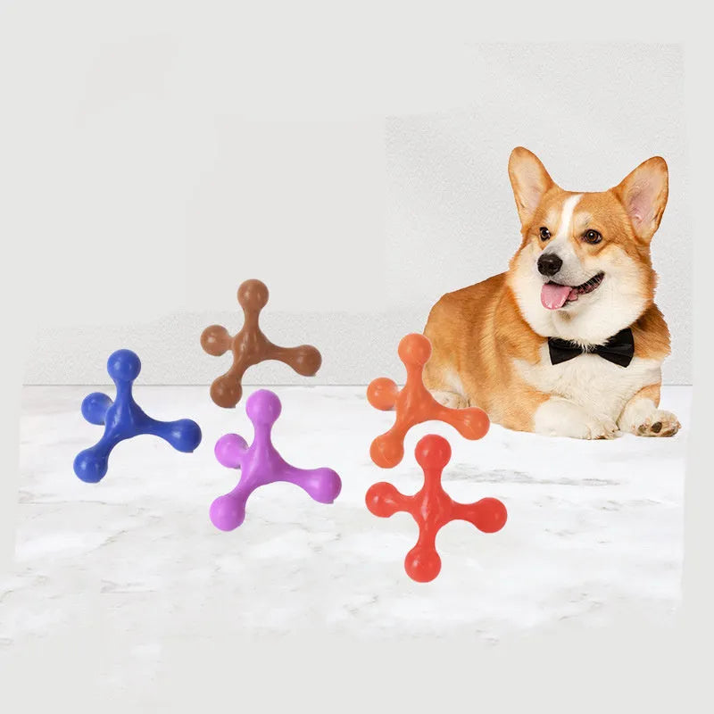 Silicone puppy chew toy with three legs in assorted colours for teething relief