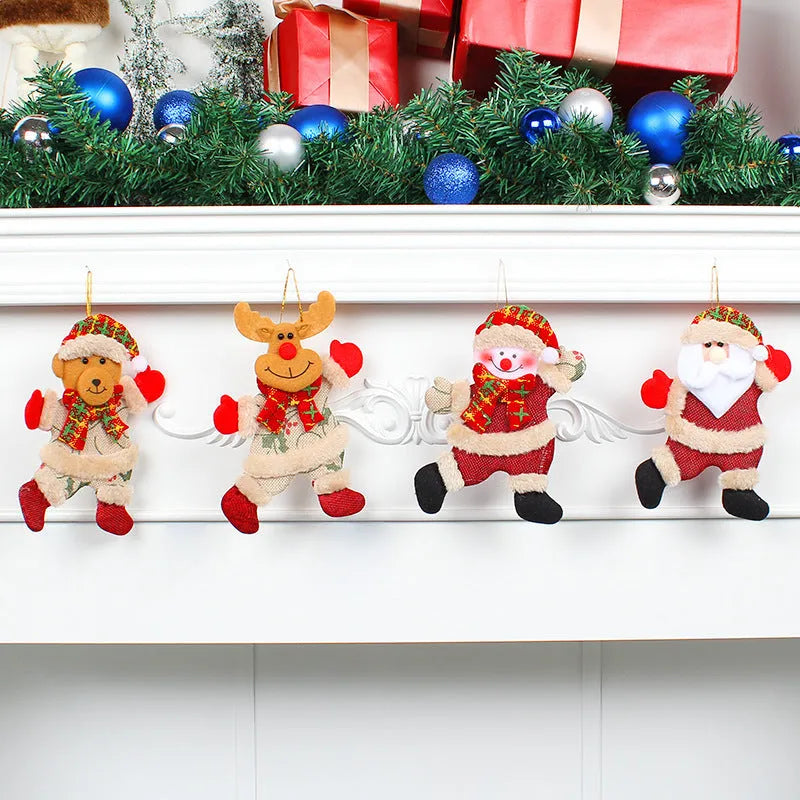 Set of four Christmas tree ornaments Santa snowman reindeer and bear figures with red white scarves golden balls red bows