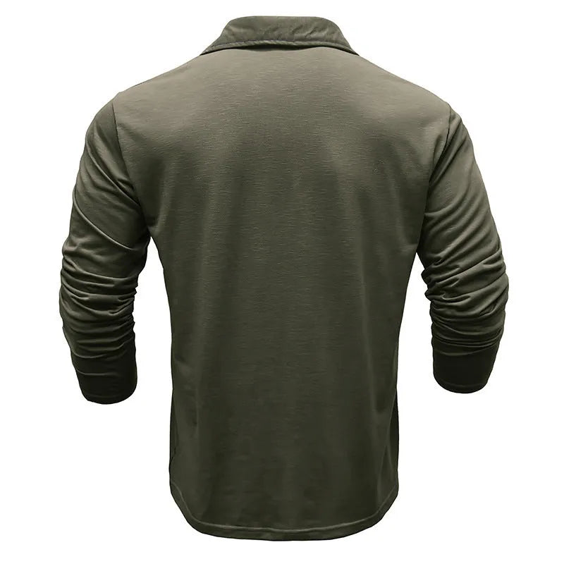 Men's Henley shirt in slub cotton blend with buttoned lapel collar, long sleeves, in army green colour