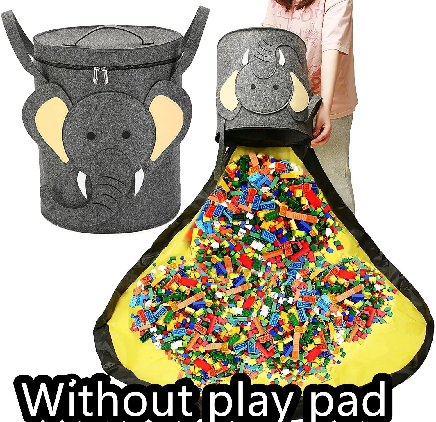 Green felt storage bag cinched closed with pull rope, shown next to it laid flat as a play mat