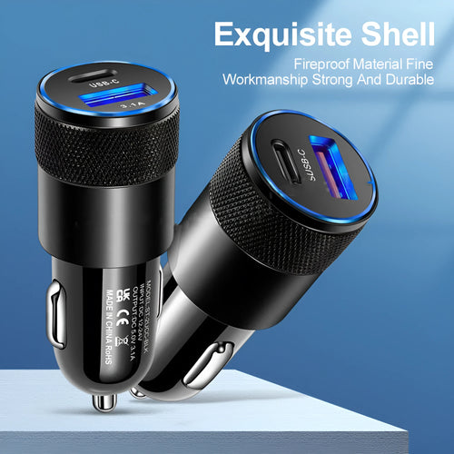 Aluminium alloy mobile phone car charger showing compact 2.5cm by 6cm dimensions