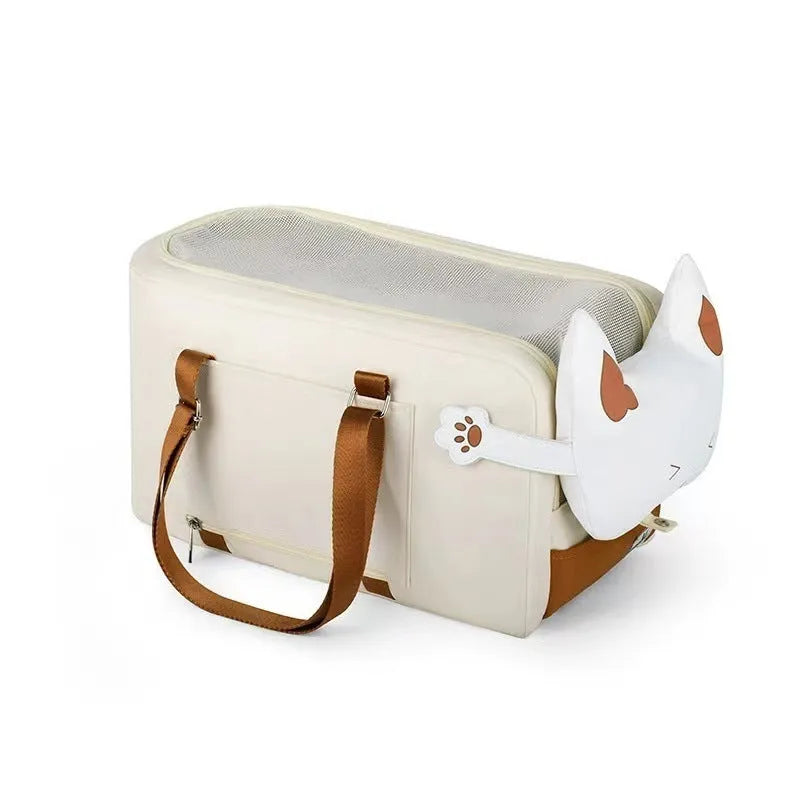 Beige hard-shell cat flight case with ventilation slots for pets up to 15kg