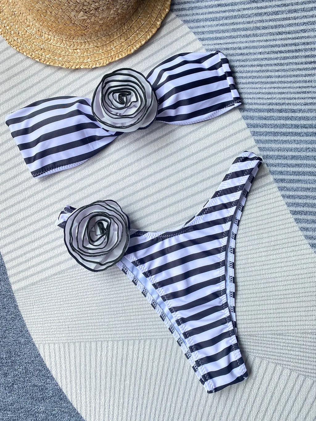 Floral split bikini swimsuit with adjustable tube top in striped colour option