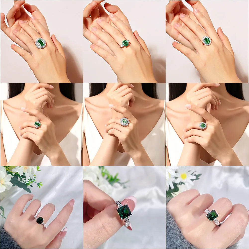 S925 sterling silver ring for women with a green emerald stone set using Palaibahao inlay and diamond accents.