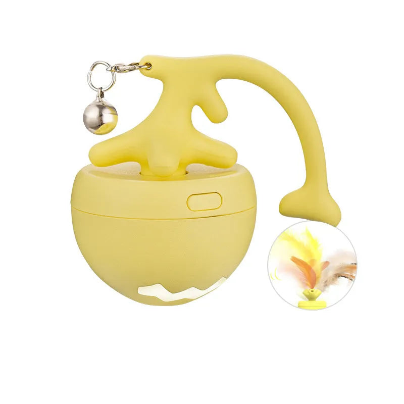 USB electric cat teasing ball with fish bone-shaped roller and replaceable teasing stick in blue, pink, and yellow colours