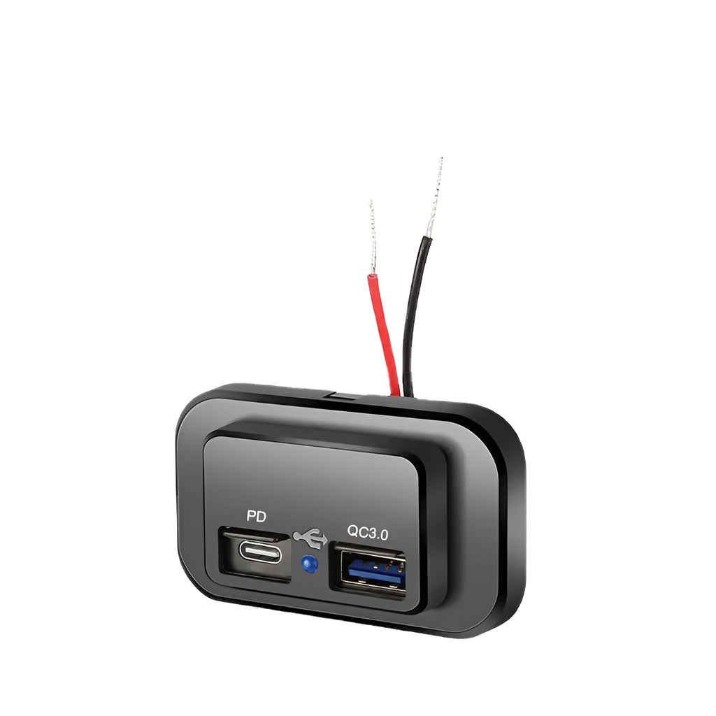 Black QC3.0 and USB-C PD fast car charger with 36W output for vehicle use.