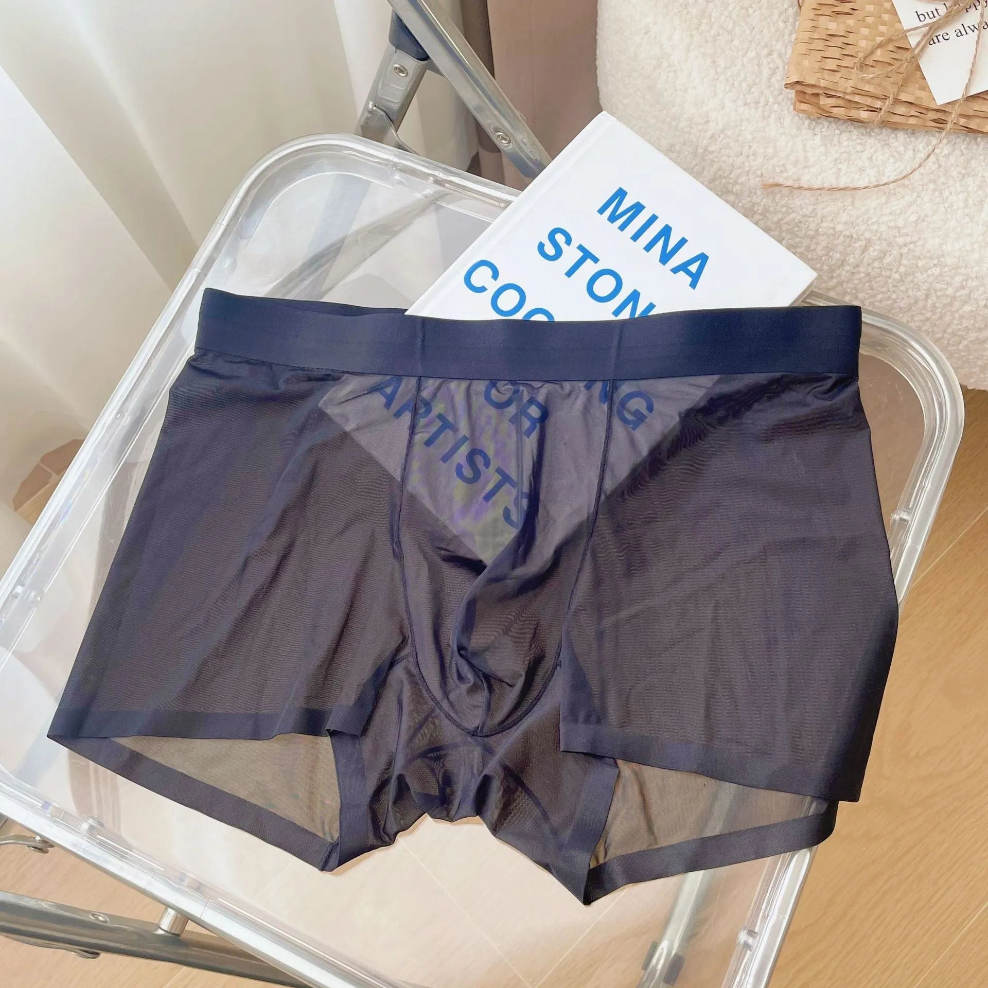 Men's thin nylon boxer shorts in rock ash colour, showing seamless construction and mid waist