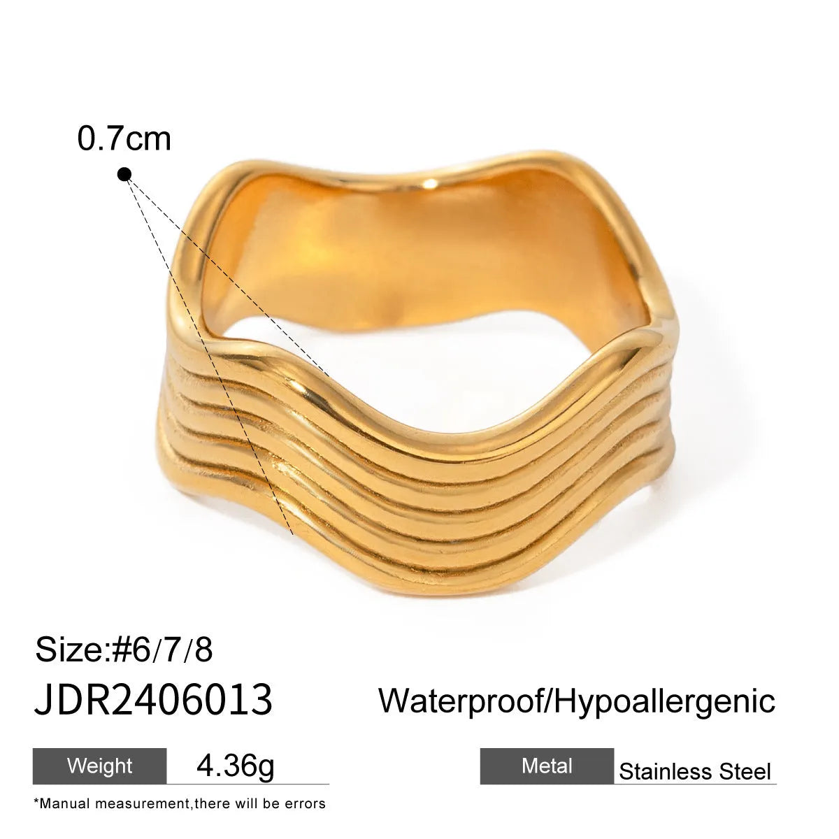 Women's stainless steel geometric wave ring with wide band surface and Korean style design