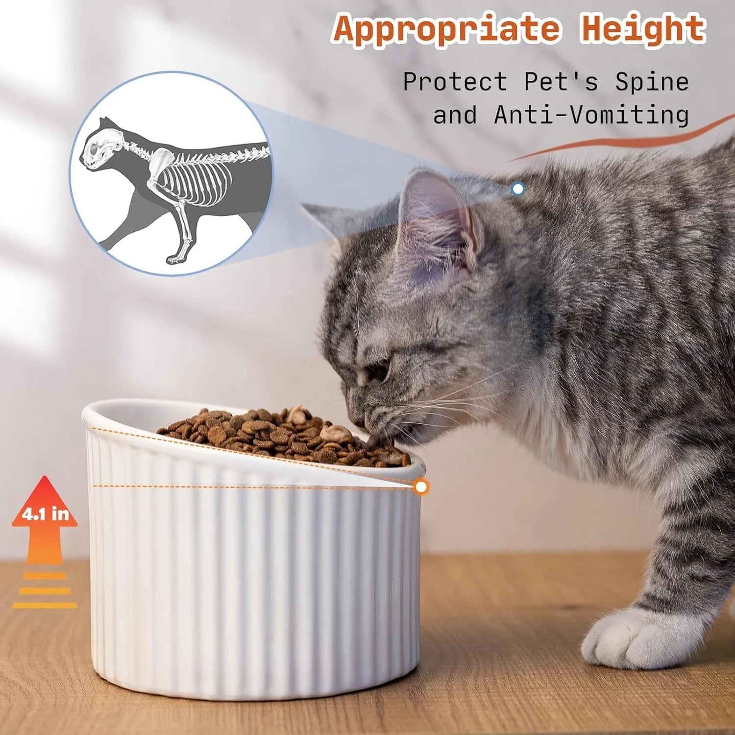 Elevated ceramic cat bowl in green, showing tilted design and raised height for feeding.