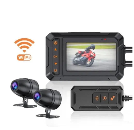 MT65 motorcycle camera with 3-inch display shown mounted on a bike armrest