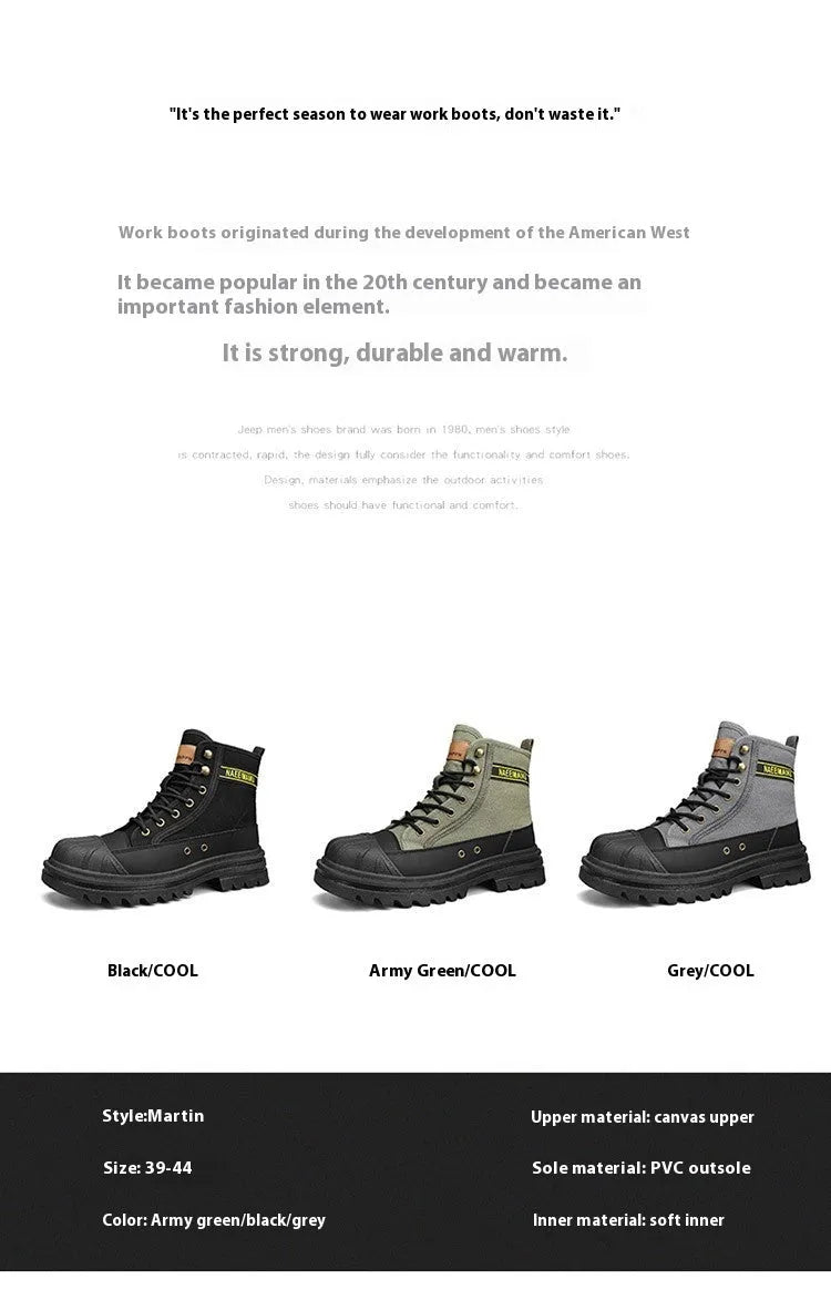 Thick-soled canvas men's casual motorcycle boots with round toe and lace-up fastening in black