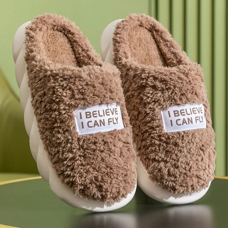 Warm plush slippers with faux fur lining and PVC sole in brown, a unisex home shoe for winter