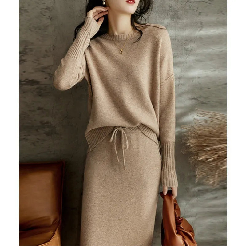 Knitted loose slimming top with skirt two-piece set in coffee khaki contrast tie-dye long sleeve