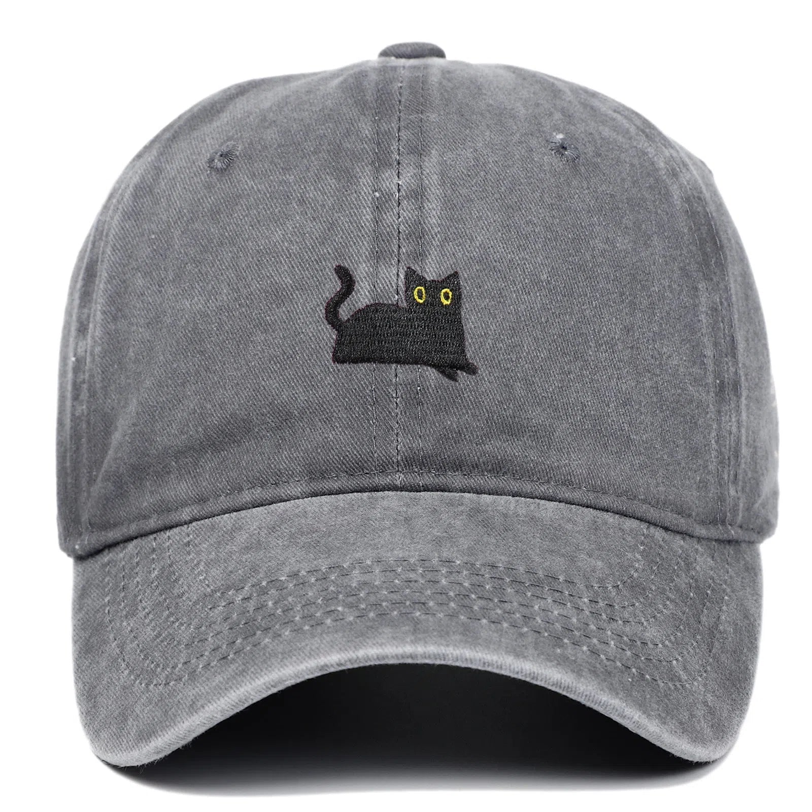 Black cat embroidered washed baseball cap in black, cotton fabric, adjustable size, dome crown style