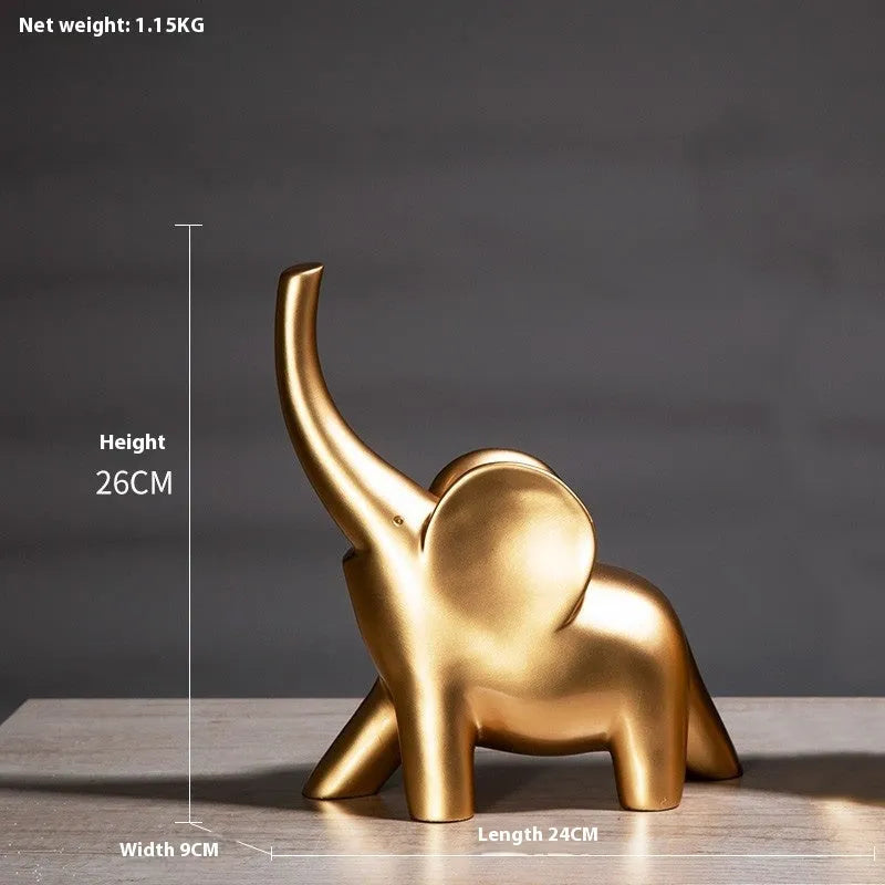 Minimalist solid resin elephant ornament in rose gold on a shelf.