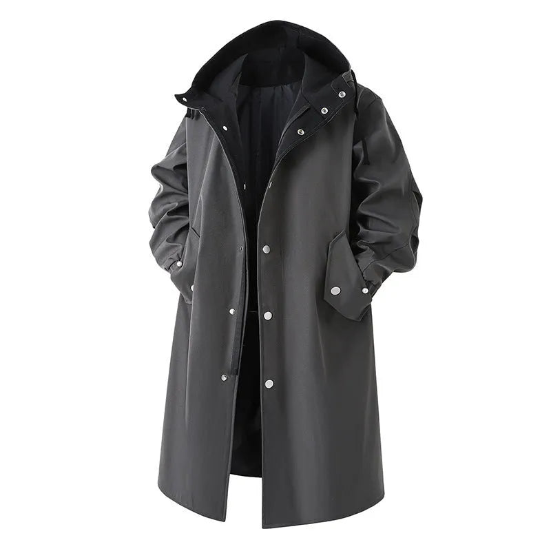 Men's solid color casual mid-length trench coat with hood in khaki, front view, 65cm length
