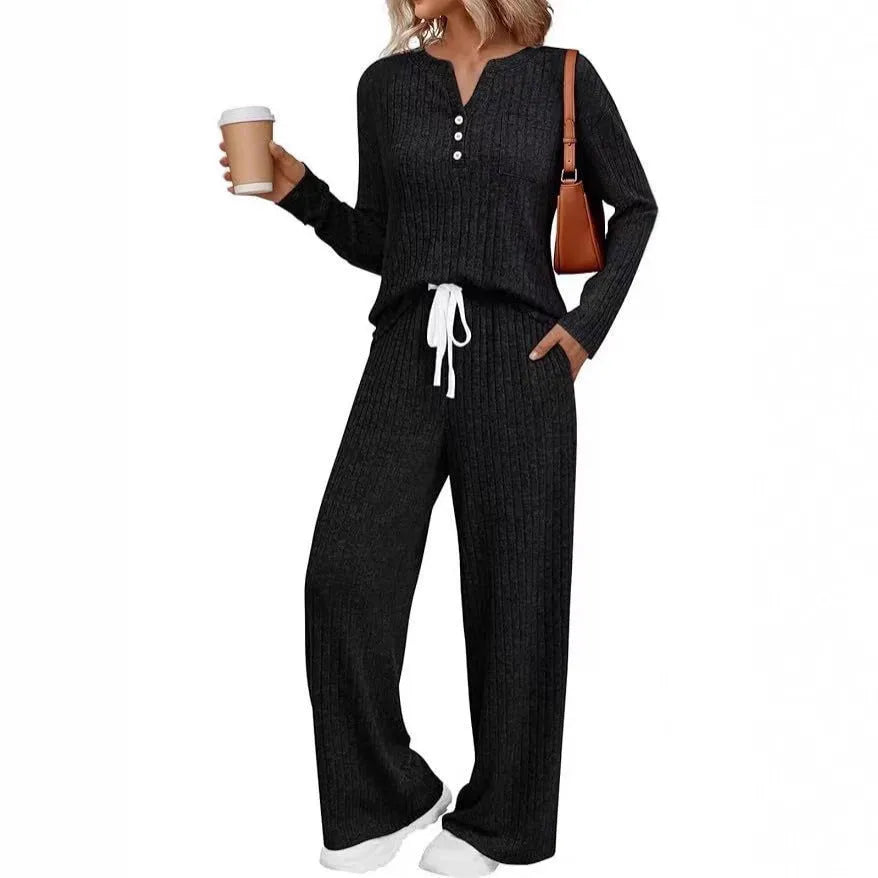 Women's V-neck knit long coat with lace-up detail and matching trousers in street fashion style