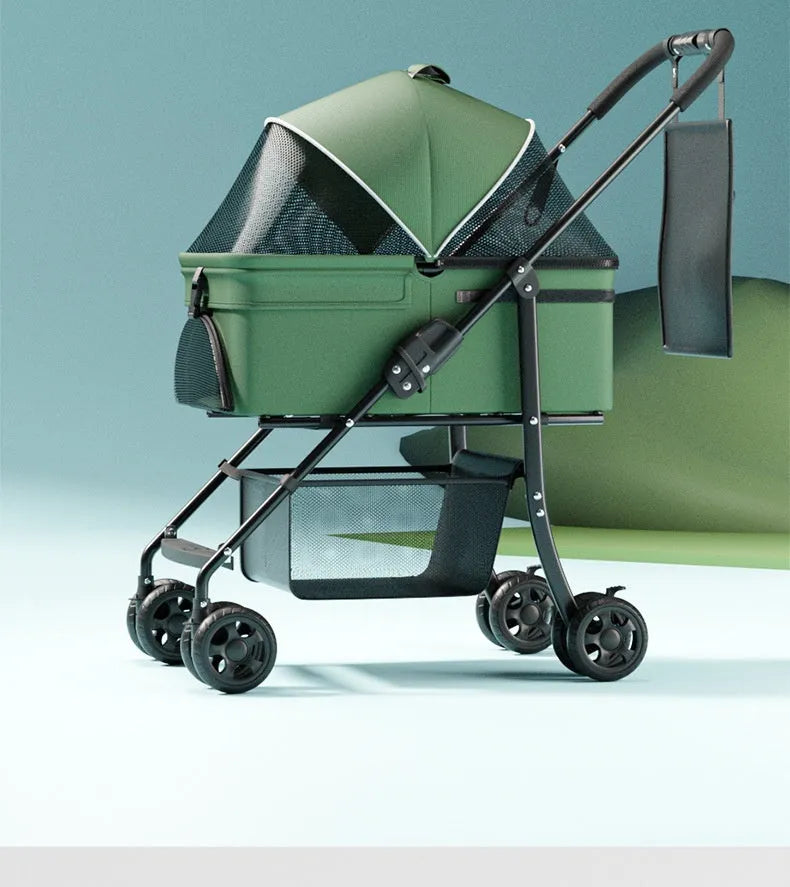 Black metal pet cart with one-click folding mechanism and detachable construction