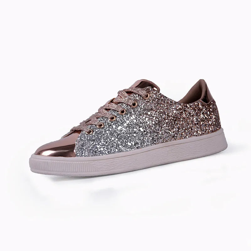 Women's colourful sequins casual low-top shoes with PU upper, leather lining, round toe, front lace-up, black gold pink options, sizes 36-41