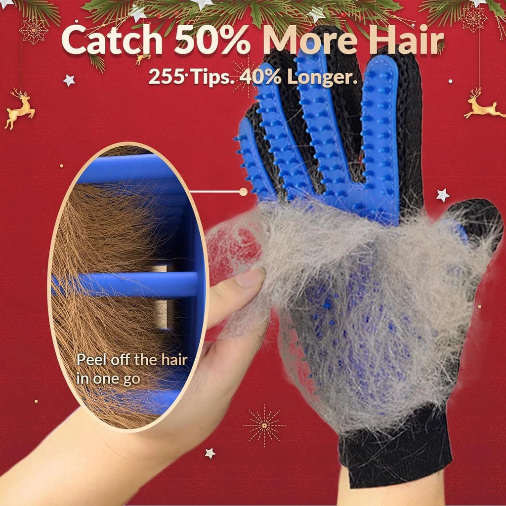 Blue pet grooming glove with silicone tips for dog cat horse hair removal during brushing and bathing