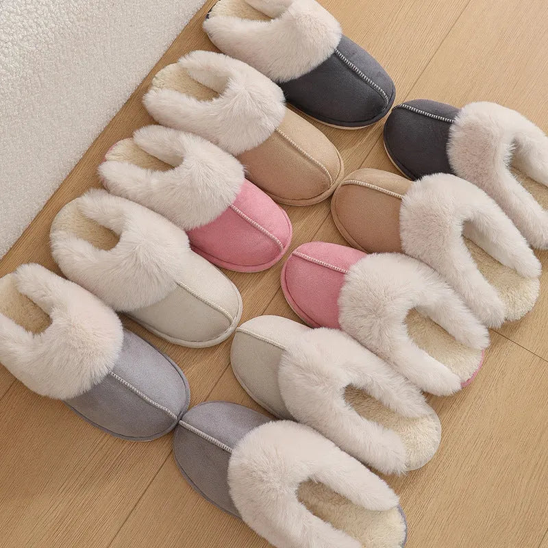 Women's round-toe plush slippers in multiple colours with a non-slip PVC sole.