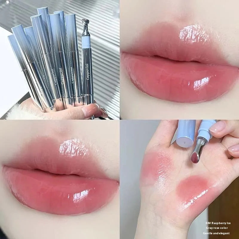 Mirror Water Light Lip Gloss Lipstick in six sheer shimmer shades in a slim case.