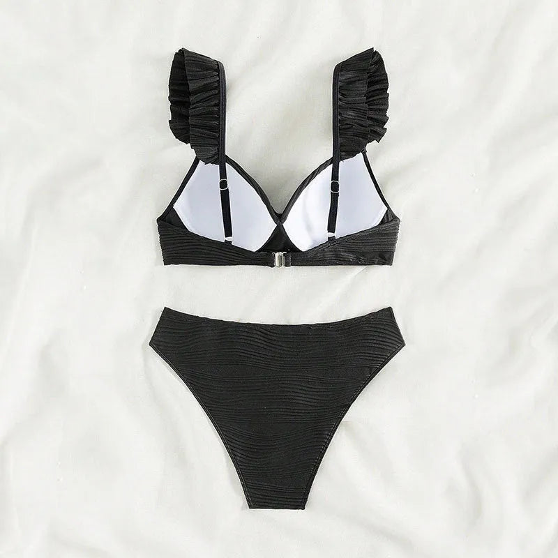 Women's solid colour bikini swimsuit set in black or khaki polyester fabric