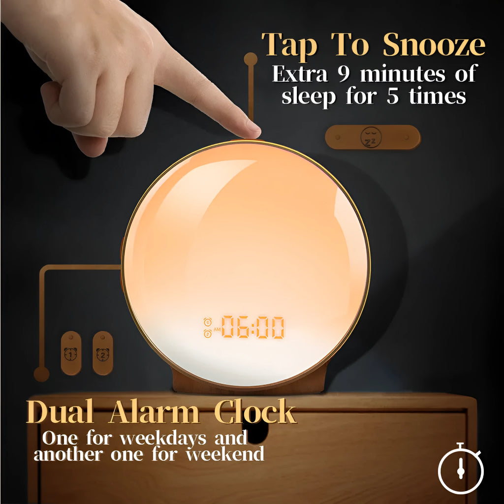 E20 wood grain basic sunrise alarm clock with USB power and night light on a table