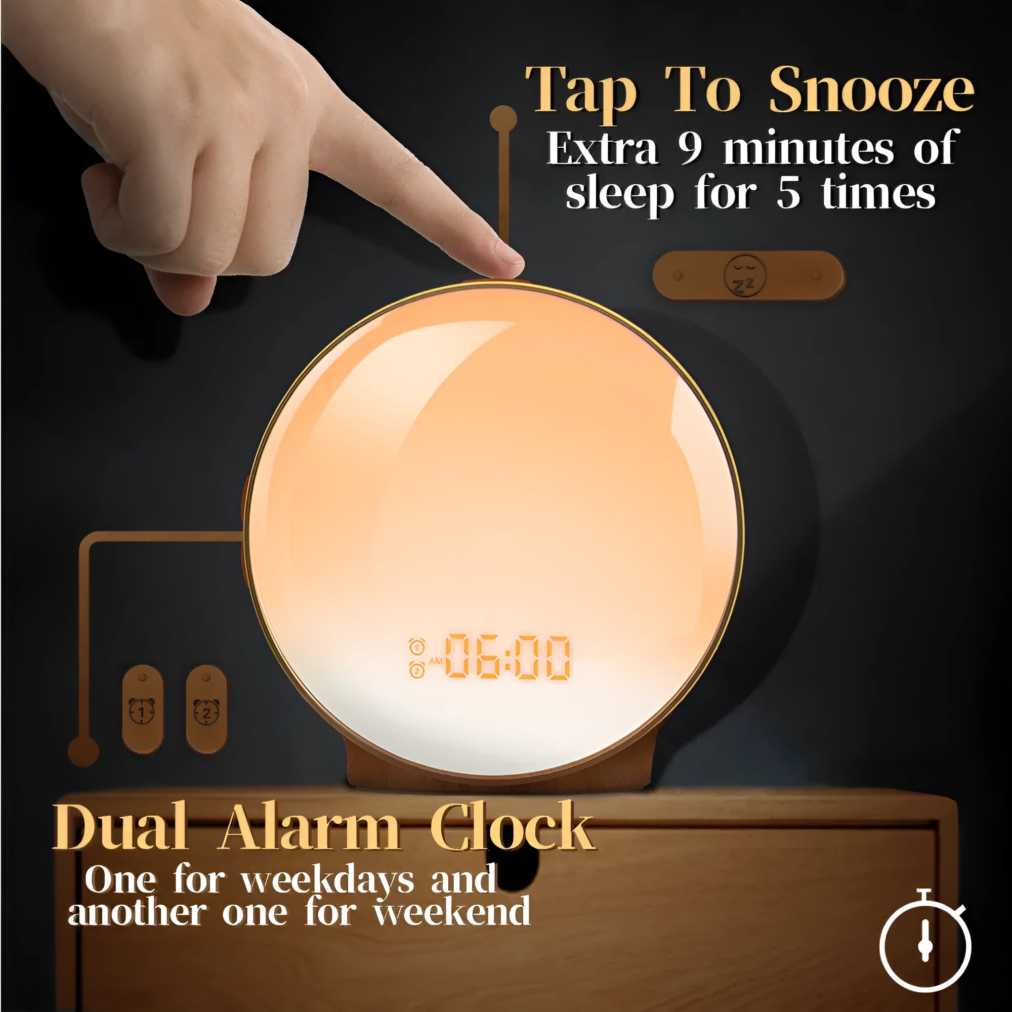E20 wood grain basic sunrise alarm clock with USB power and night light on a table