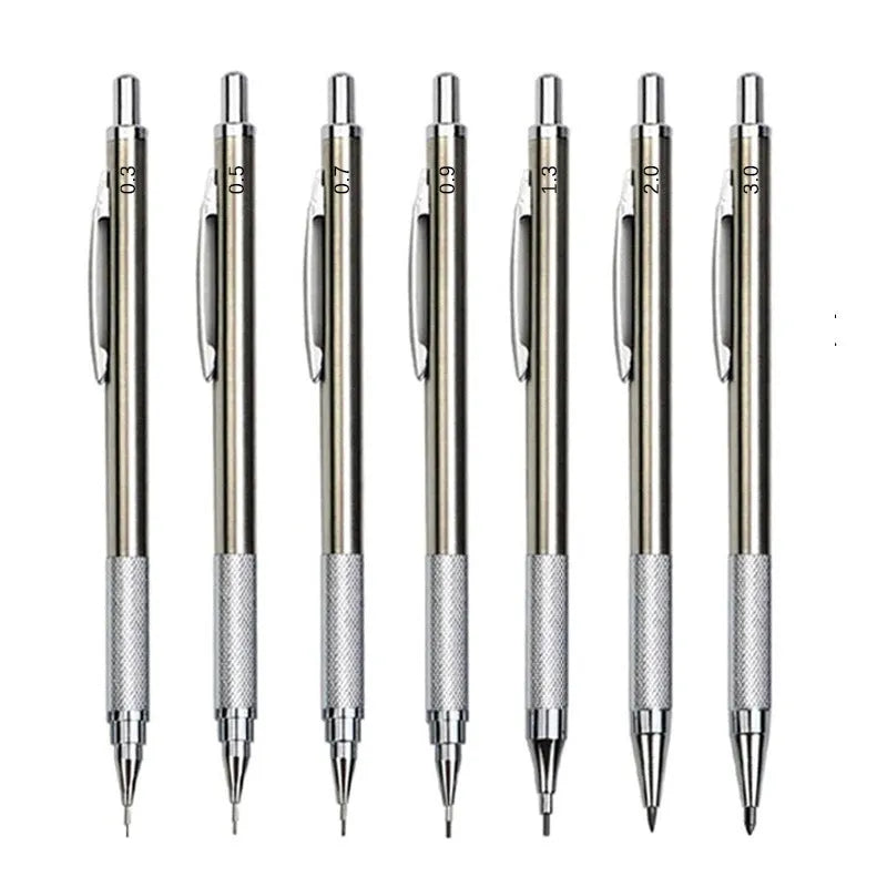 Metal automatic mechanical pencil compatible with five sizes of 2B lead refills.