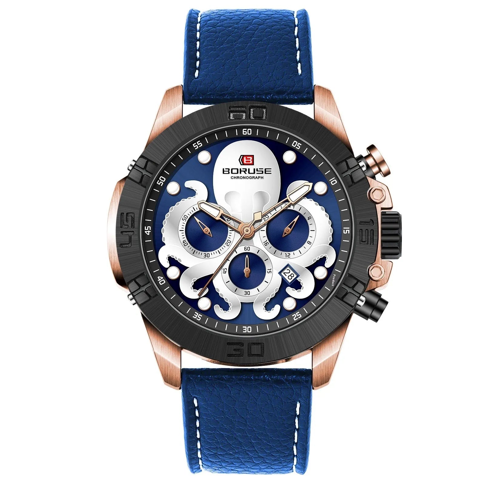 Octopus men's luminous quartz watch with waterproof casual design, blue or black surface