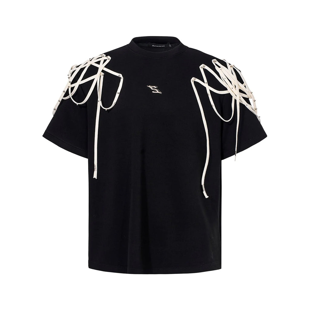 Black loose fit t-shirt with ribbon detailing on padded shoulders, short sleeves, round neck