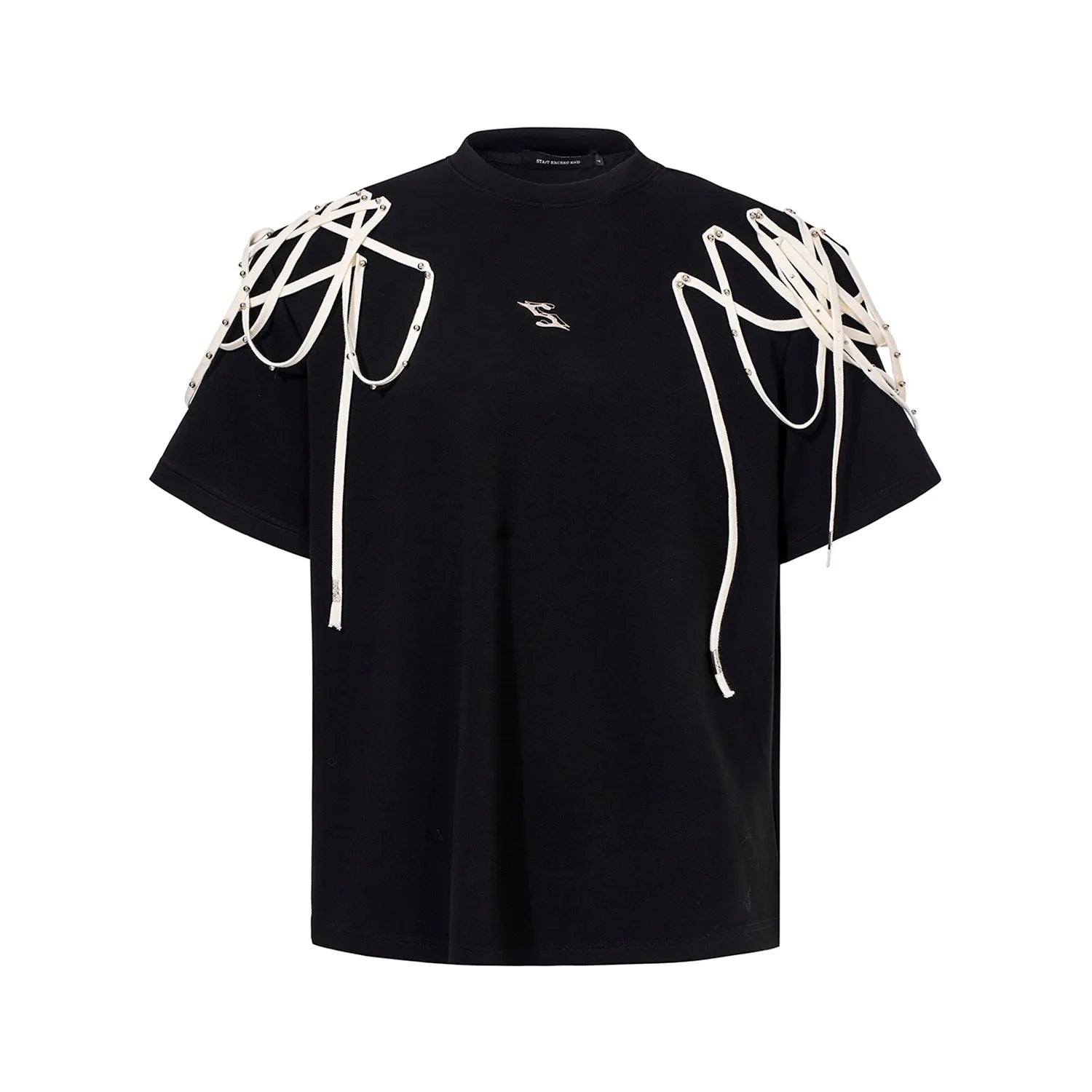 Black loose fit t-shirt with ribbon detailing on padded shoulders, short sleeves, round neck