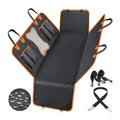 Black and orange edged waterproof dog car seat cover laid out, showing mesh window and storage pockets.