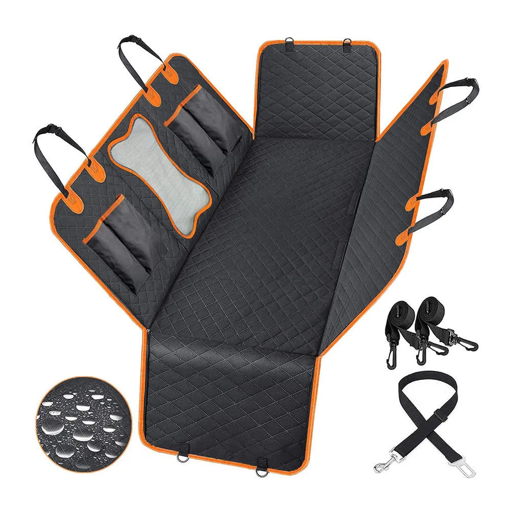 Black and orange edged waterproof dog car seat cover laid out, showing mesh window and storage pockets.