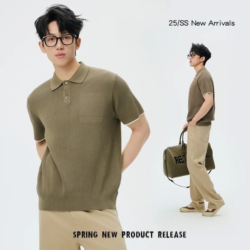 Men's summer business casual sweater with contrast colour lapels, short sleeves, solid colour, polyester fabric