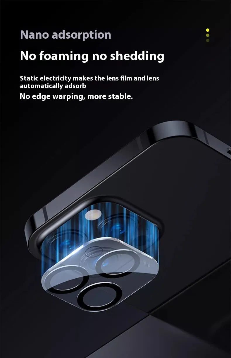 Tempered glass camera lens protector for iPhone showing integrated rear film covering camera module