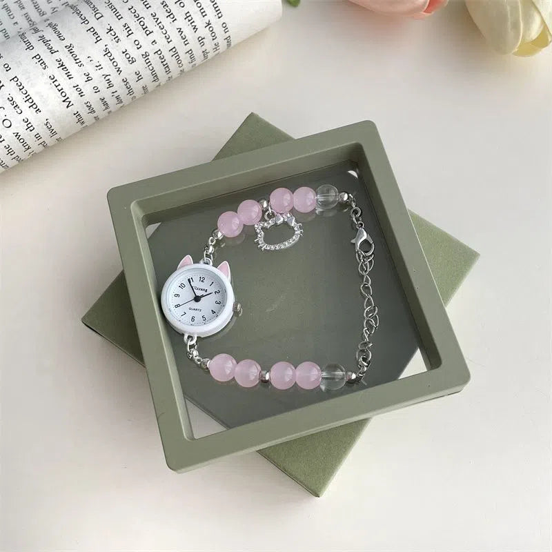 Women's chain watch with cat ear frame in silver, 8mm thickness, casual style